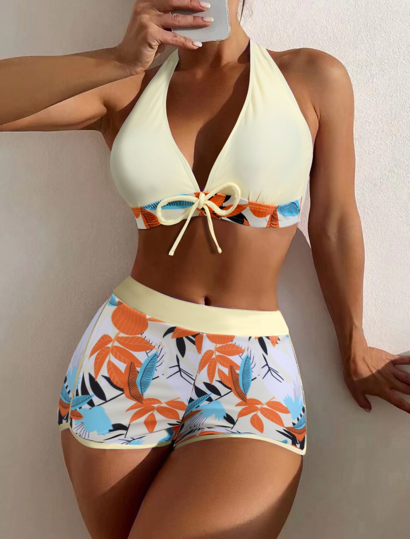 Print Tie Halter Swimwear High Waist Push UP Shorts Bikini Set Swimsuit Backless Beach Bathing Suit The Clothing Company Sydney