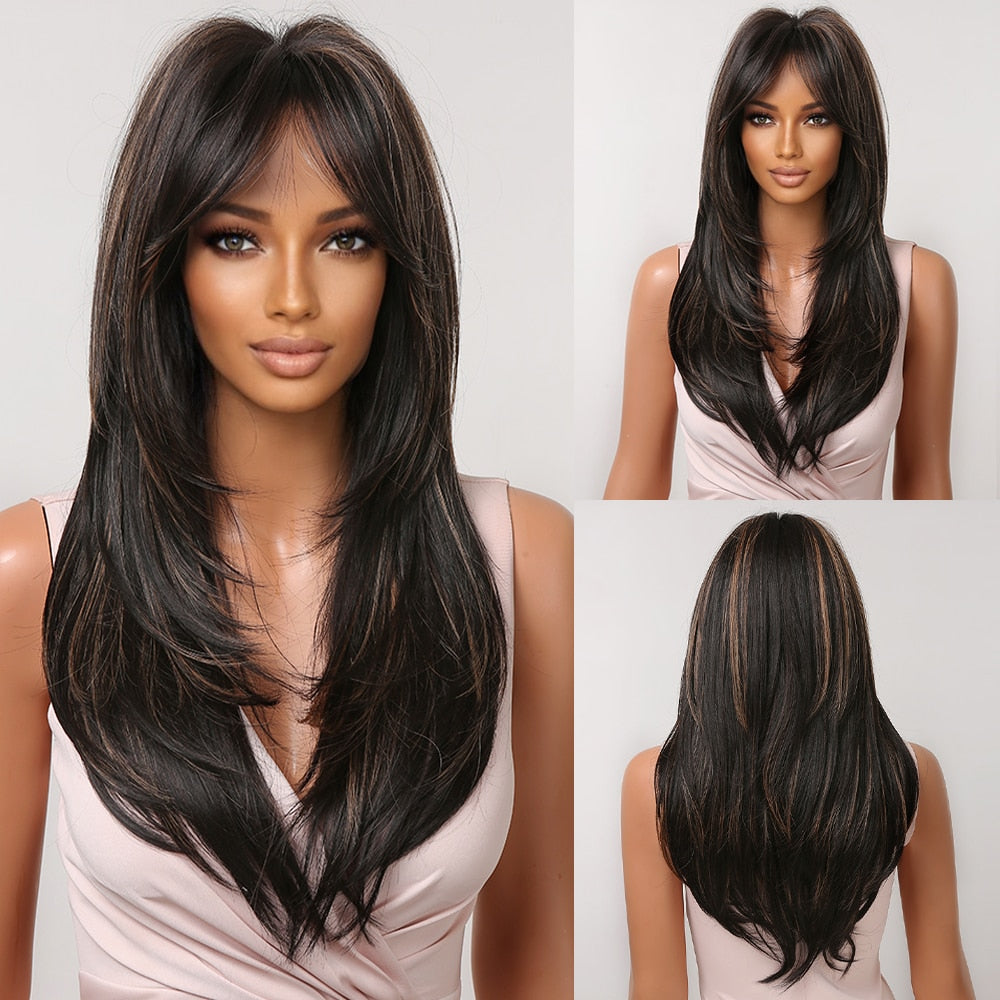 Long Straight Blonde Layered Synthetic Wigs Brown Balayage Ombre