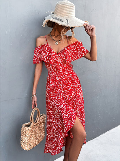Summer Straps Midi Dress Beach Casual Party Off Shoulder Slim Ruffles Floral Print Dresses The Clothing Company Sydney