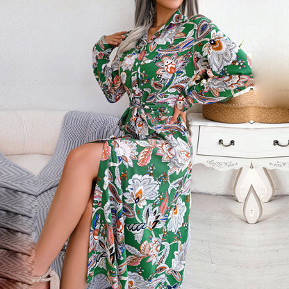 Spring Summer Retro Floral Collar Long Sleeve Tie Up Shirt Dress For Ladies Fashion All Match Print Dresses The Clothing Company Sydney