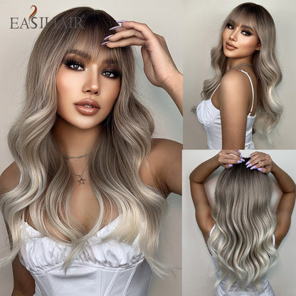 Ombre Brown Gray Ash Synthetic Long Wavy Wigs Middle Part Mixed Blonde Wig Women Daily Cosplay Heat Resistant Wigs The Clothing Company Sydney