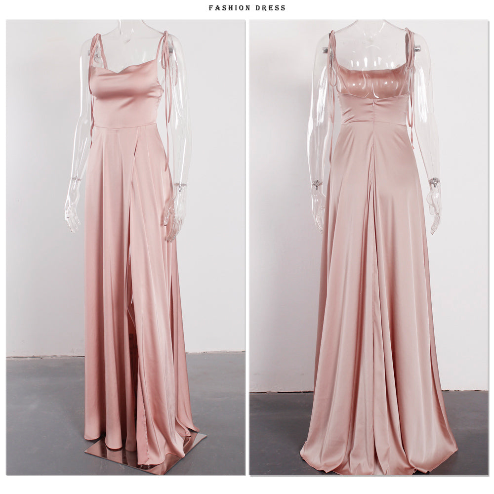 Elegant Pink Backless Slit Leg Wedding Bridesmaid Dress Lace Up Satin Slip Square Neck Long Gown The Clothing Company Sydney