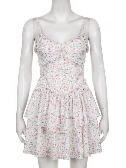 French Romantic Strap Floral Printing Summer Fashion Chic Ruffles Pleated Dress Mini Double Layer Dress The Clothing Company Sydney