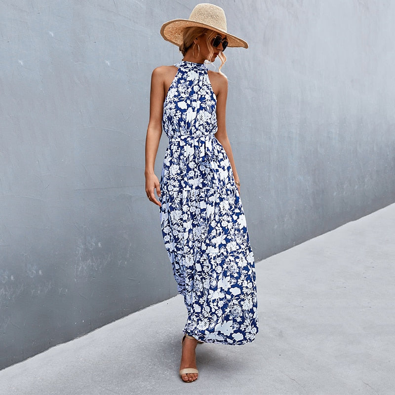 Summer Holiday Flower Printed Folds Blue Dress Beach Casual Neck-mounted Bandage Elegant Party Long Dress The Clothing Company Sydney