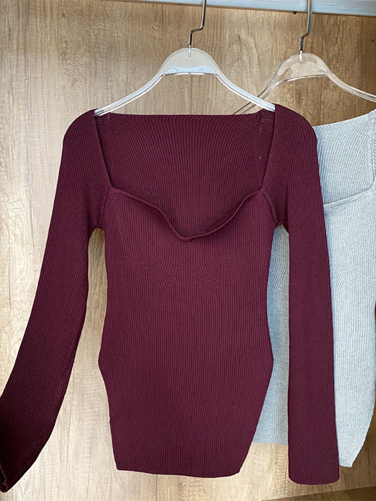 Square Collar Long Sleeve Knitted Pullover Spring Autumn Sweater Winter Top Jumper The Clothing Company Sydney