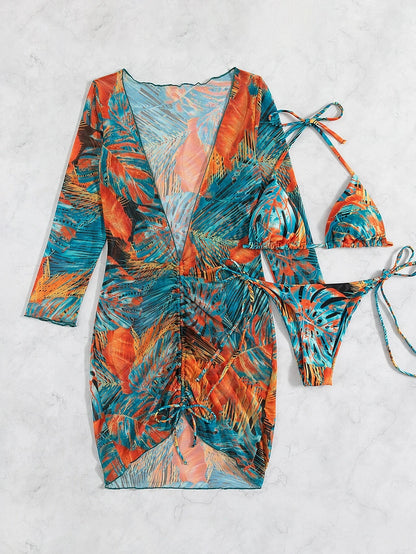 Slit Cuff Plunge Neck Three Piece Bikini Set with Cover Up Plain Swimsuit Women Swimwear Summer Beach Bathing Suit The Clothing Company Sydney