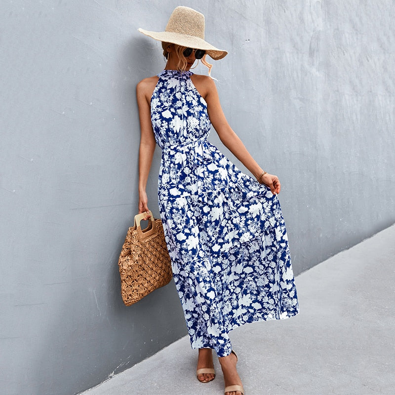 Summer Holiday Flower Printed Folds Blue Dress Beach Casual Neck-mounted Bandage Elegant Party Long Dress The Clothing Company Sydney