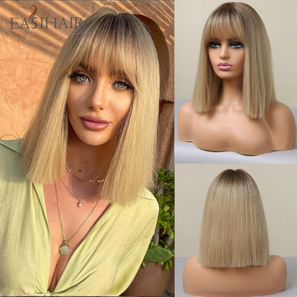 Short Straight Bob Wigs with Bang Golden Brown Natural Synthetic Hair for Women Daily Cosplay Heat Resistant Fiber Wigs The Clothing Company Sydney