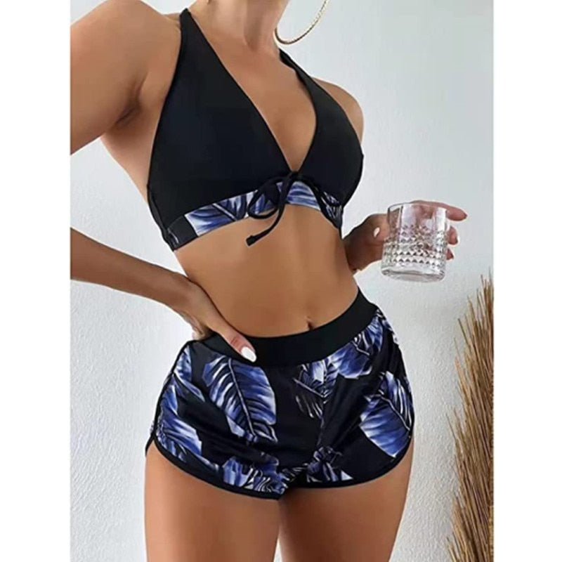 2 Piece Swimsuit Bikini Top Split High Waist  Lace Print Solid Color Halter Deep V-neck Backless Push Up Bikini Set The Clothing Company Sydney