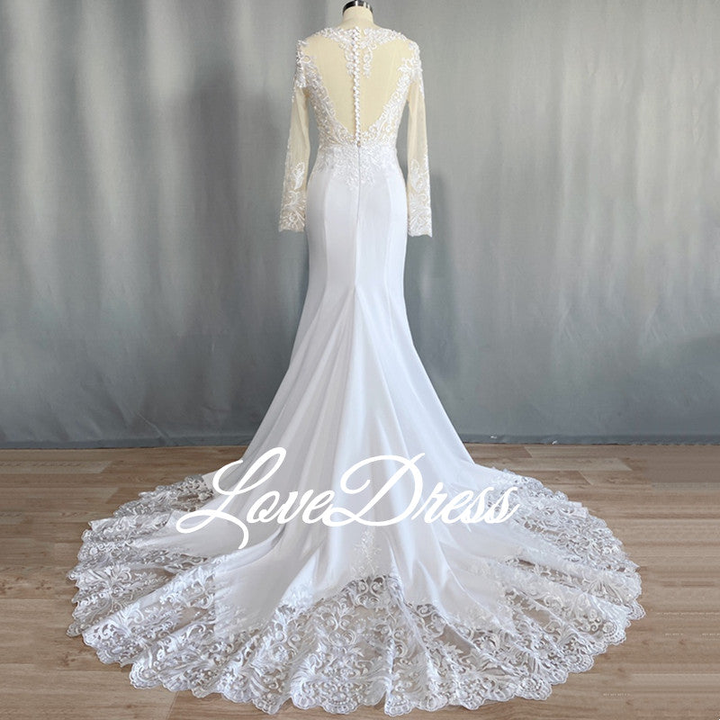 Elegant Scoop Mermaid Wedding Dresses Long Sleeves Illusion Back Buttons Lace Applique Train Gown The Clothing Company Sydney