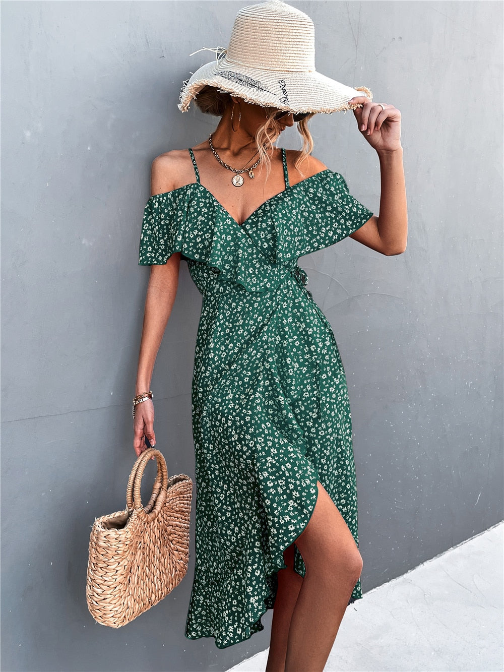 Summer Straps Midi Dress Beach Casual Party Off Shoulder Slim Ruffles Floral Print Dresses The Clothing Company Sydney