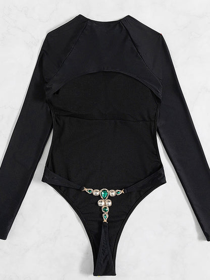 One Piece Swimsuit Swimwear Solid Long Sleeve Backless Rhinestones Diamond Thong Bathing Suit Monokini The Clothing Company Sydney