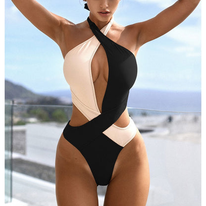 Cut Out Swimsuit One Piece Colorblock Swimwear Wrap Halter Monokini High Cut Bathing Suit Bodysuit Beachwear The Clothing Company Sydney