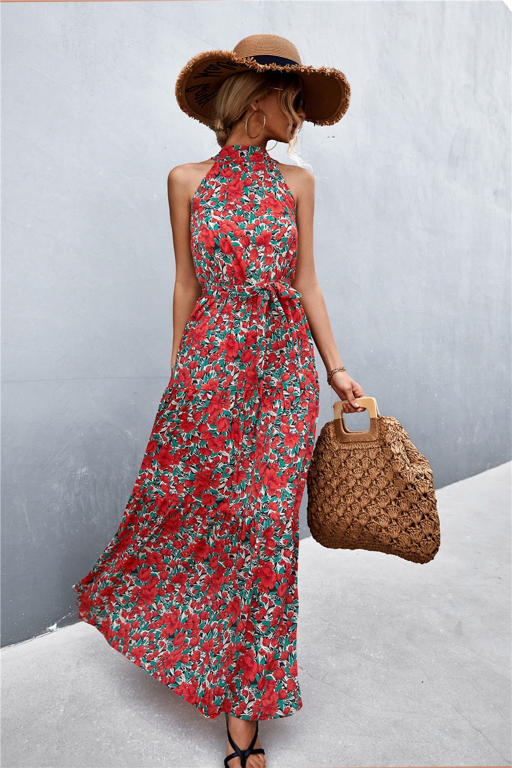 Summer Holiday Flower Printed Folds Blue Dress Beach Casual Neck-mounted Bandage Elegant Party Long Dress The Clothing Company Sydney