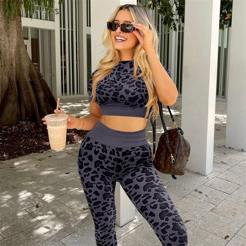 2 Piece Seamless Yoga Suit Women Fitness Suits Leopard Print Short Sleeve Crop Top Tight Hip Lift Pants Yoga Set  Women Sport Suits The Clothing Company Sydney