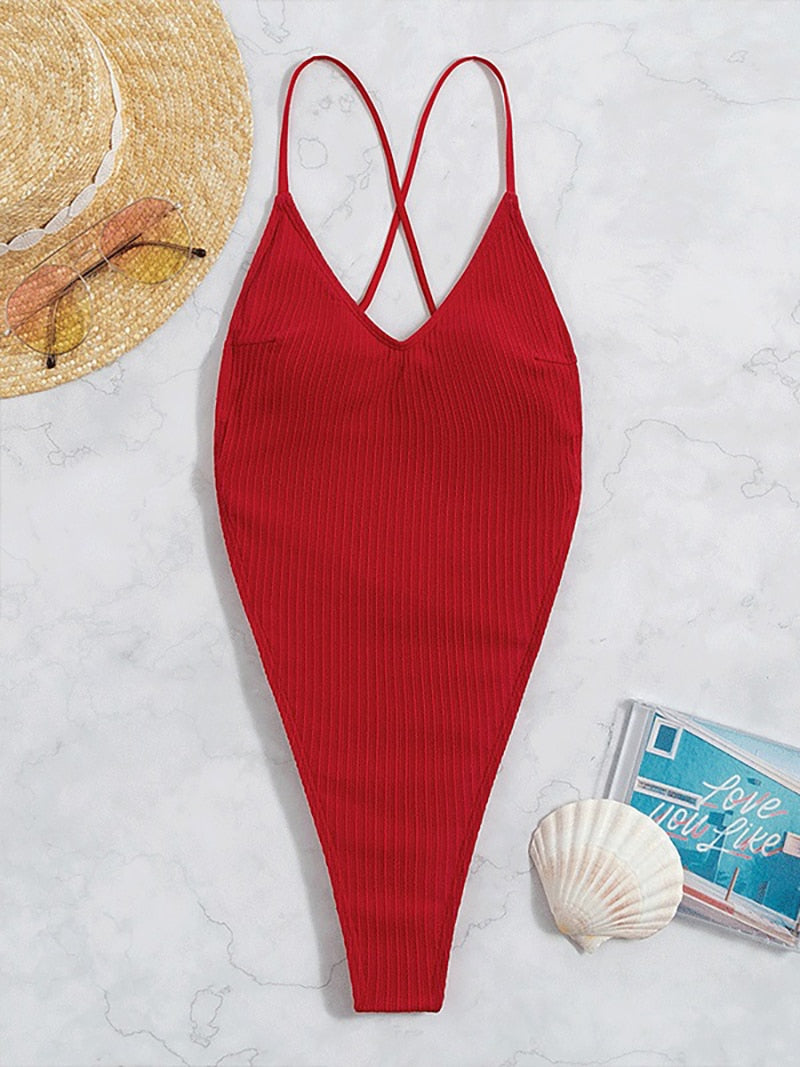 One-Piece Thong Swimsuit High Cut Backless Monokini Solid Whole Swimwear Ribbed Bikini Bathing Suit The Clothing Company Sydney