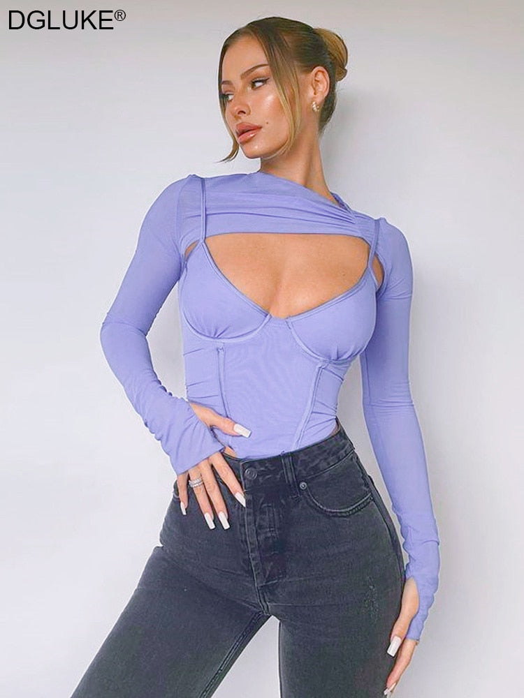Summer Long Sleeve Crop Top T-shirt Bustier Corset And Mesh Top Two Piece Tee Shirt Sexy Fashion Y2K Top The Clothing Company Sydney