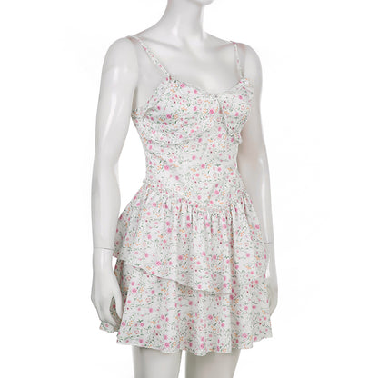 French Romantic Strap Floral Printing Summer Fashion Chic Ruffles Pleated Dress Mini Double Layer Dress The Clothing Company Sydney