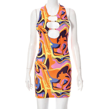 Print Halter Neck Cut Out Bodycon Mini Half Sleeve Backless Stretchy Summer Y2K Dress The Clothing Company Sydney