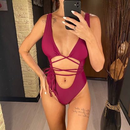 Bandage Wrap Around Tummy Cut Out Deep V Monokini One Piece Swimsuit Swimwear Bather Bathing Suit - The Clothing Company Sydney