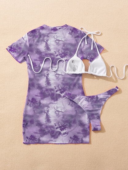 Slit Cuff Plunge Neck Three Piece Bikini Set with Cover Up Plain Swimsuit Women Swimwear Summer Beach Bathing Suit The Clothing Company Sydney