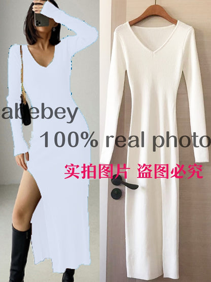 Long Sleeve slit sweater dress slim tight fitting hip knit over the knee dresses The Clothing Company Sydney