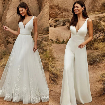 2 In 1 Wedding Jumpsuit With Detachable Skirt Two Piece Bridal Dresses Pants Suit Lace Tulle V-Neck Sweep Train Gowns The Clothing Company Sydney