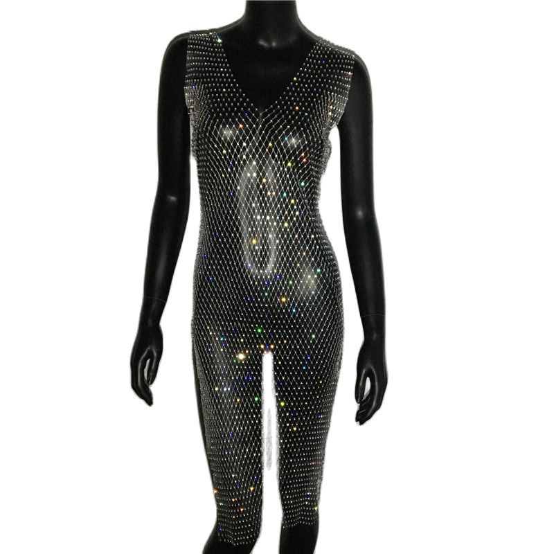 Rhinestone Mesh Party Sequins Crystal Dress Women Sexy Sleeveless Hollow Out Bodycon Outwear Nightclub Beach Dresses The Clothing Company Sydney