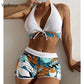 Print Tie Halter Swimwear High Waist Push UP Shorts Bikini Set Swimsuit Backless Beach Bathing Suit The Clothing Company Sydney