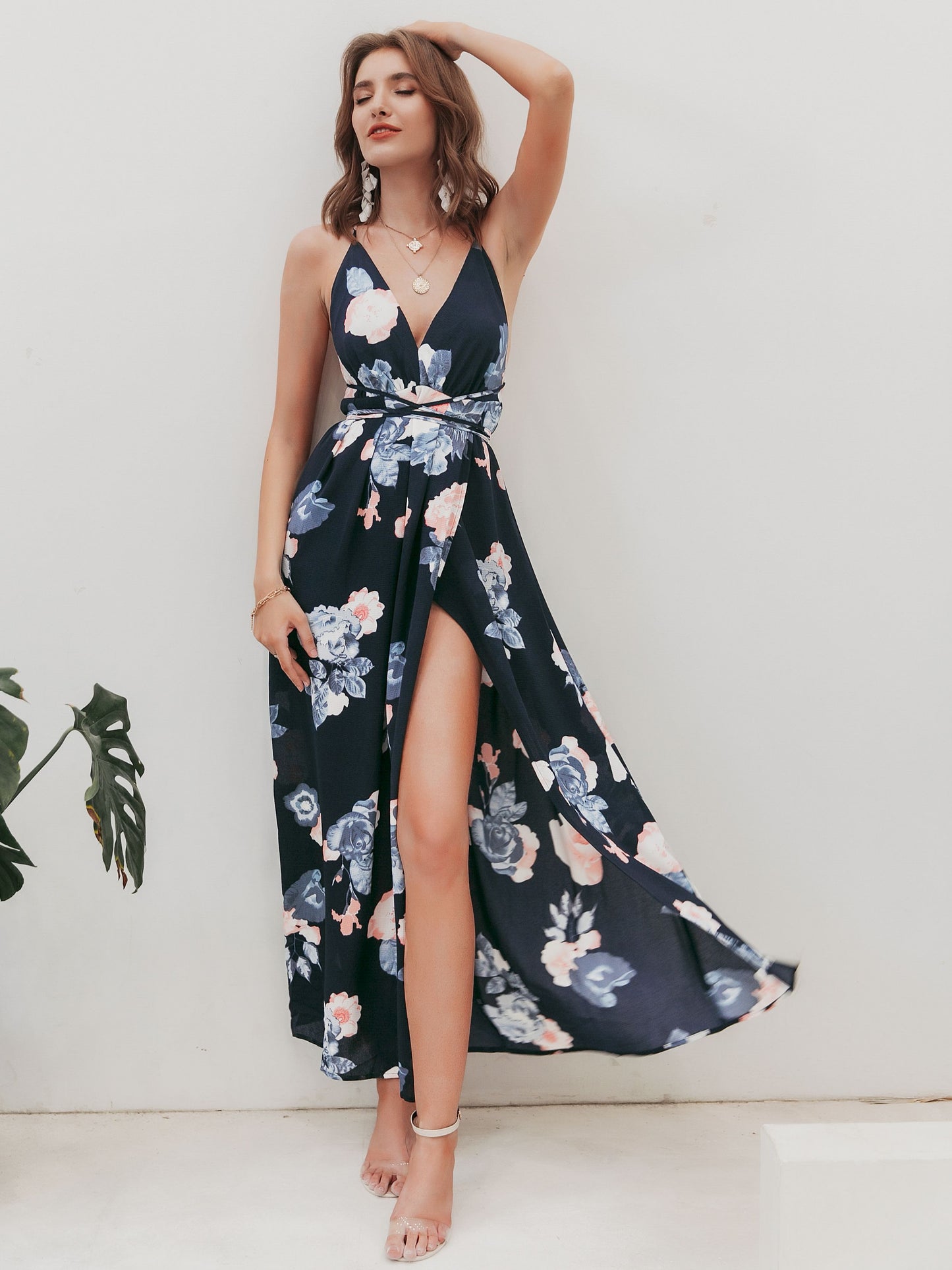 Holiday print straps backless summer party dress women High waist lace up split maxi dresses V-neck beach Dress The Clothing Company Sydney