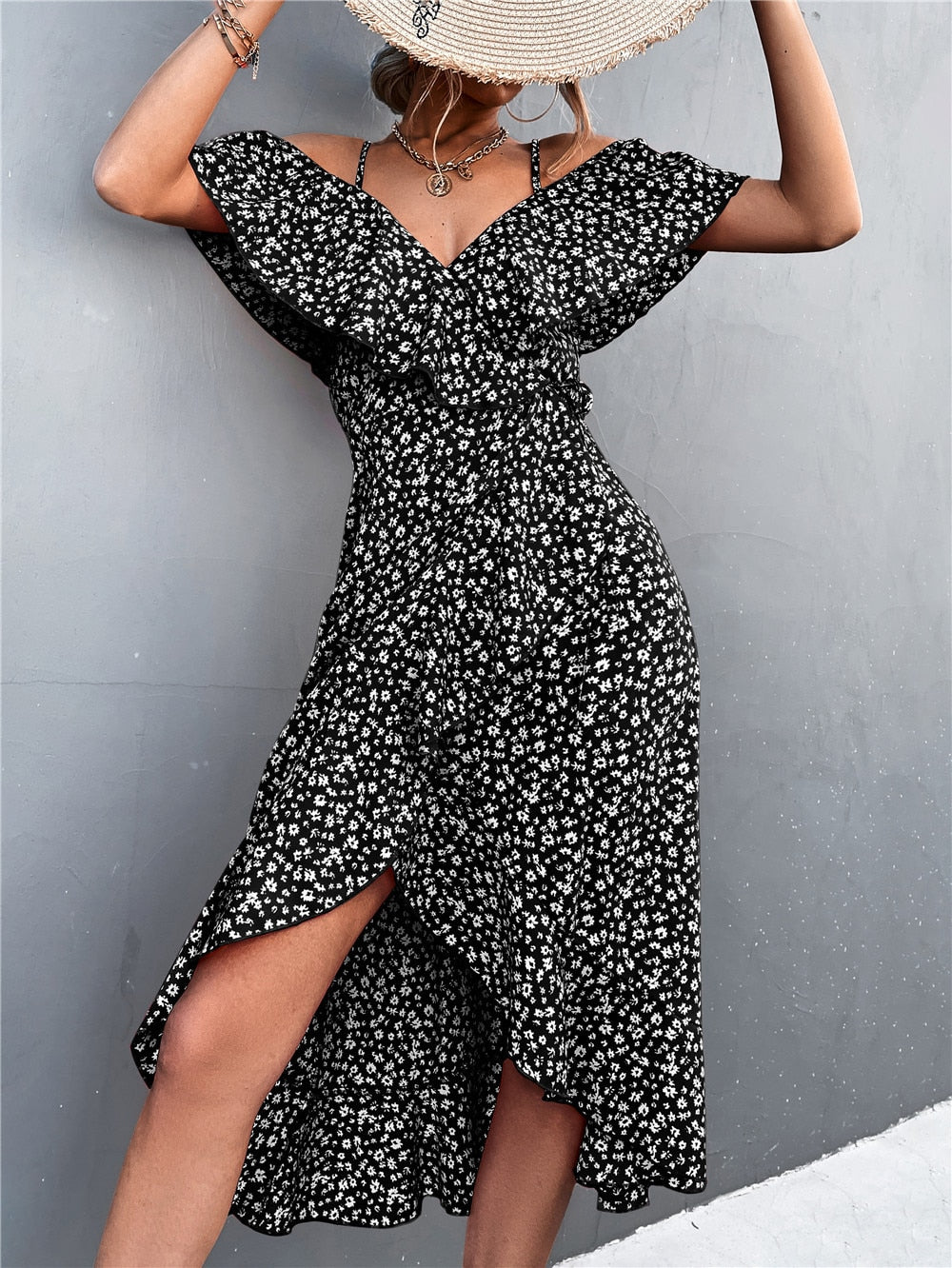 Summer Straps Midi Dress Beach Casual Party Off Shoulder Slim Ruffles Floral Print Dresses The Clothing Company Sydney