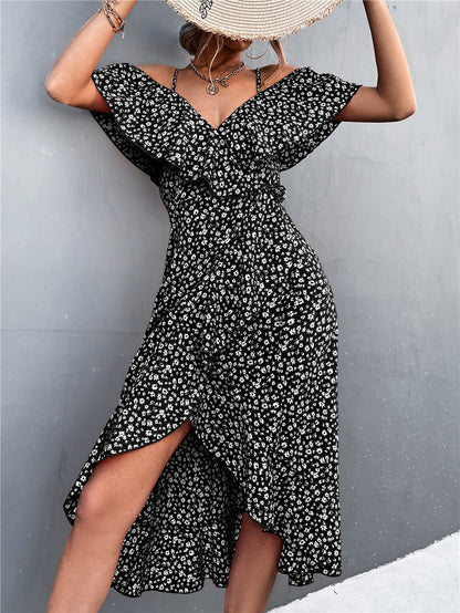 Summer Straps Midi Dress Beach Casual Party Off Shoulder Slim Ruffles Floral Print Dresses The Clothing Company Sydney