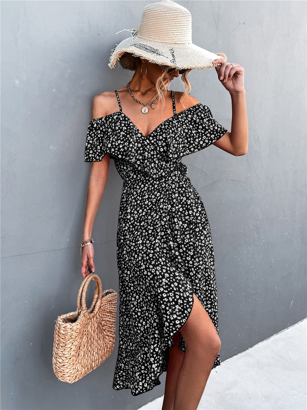 Summer Straps Midi Dress Beach Casual Party Off Shoulder Slim Ruffles Floral Print Dresses The Clothing Company Sydney