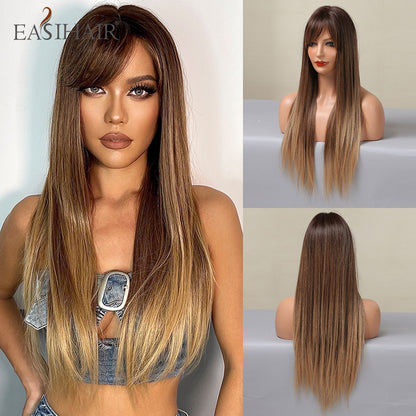 Brown Straight Synthetic Wigs with Bangs Natural Layered Hair Wigs for Women Daily Cosplay Party Heat Resistant Wigs The Clothing Company Sydney