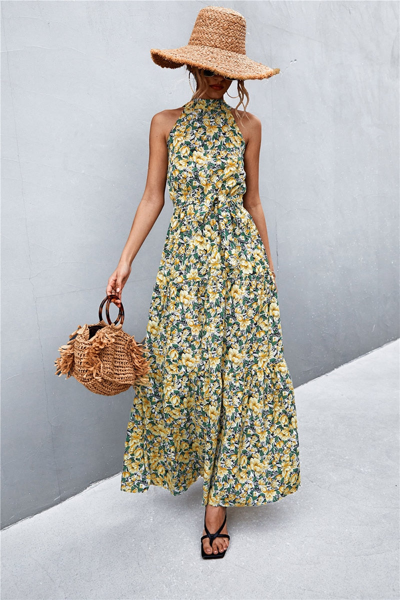 Summer Holiday Flower Printed Folds Blue Dress Beach Casual Neck-mounted Bandage Elegant Party Long Dress The Clothing Company Sydney