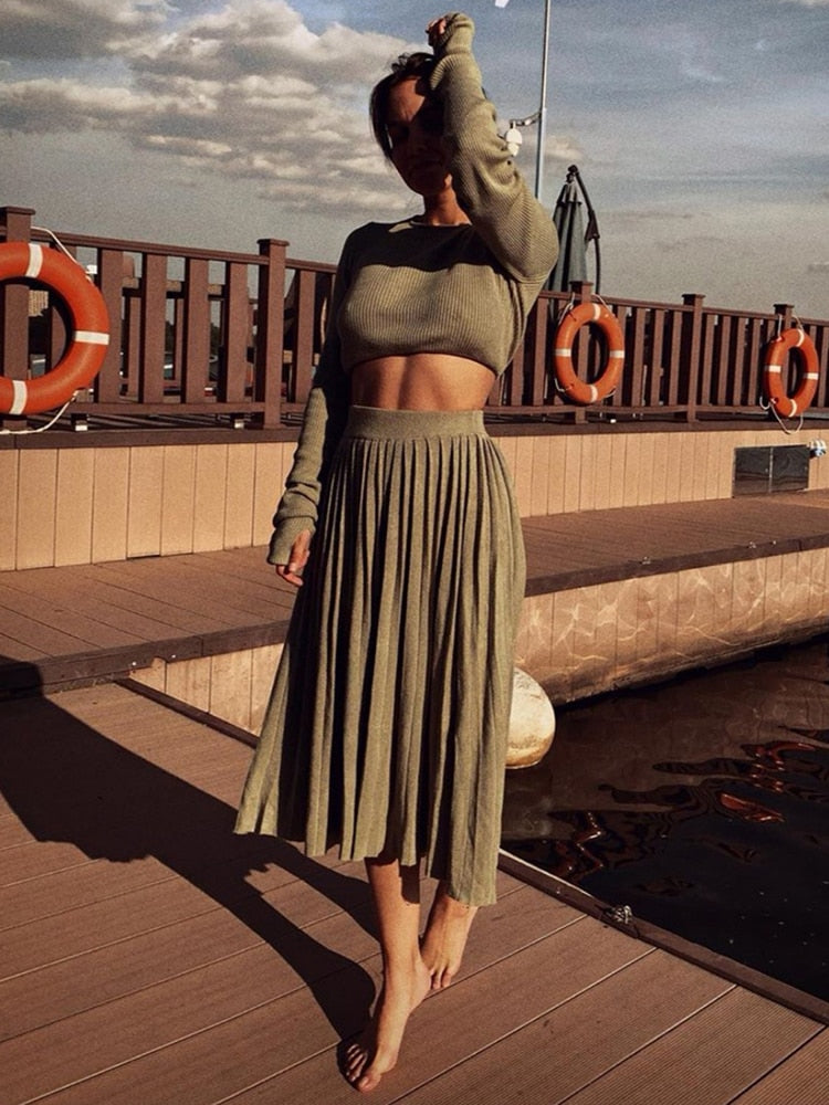 2 Piece Sweater Cropped Top Midi Skirt Matching Set Outfits Button Up Split Skirt Set The Clothing Company Sydney