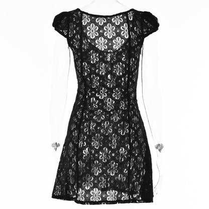 Square Neck Black White Mini Summer High Waist Short Sleeve Beachwear Bodycon Hollow Out Sundress Dress The Clothing Company Sydney