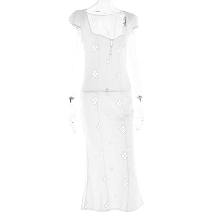 Square Neck Black White Mini Summer High Waist Short Sleeve Beachwear Bodycon Hollow Out Sundress Dress The Clothing Company Sydney