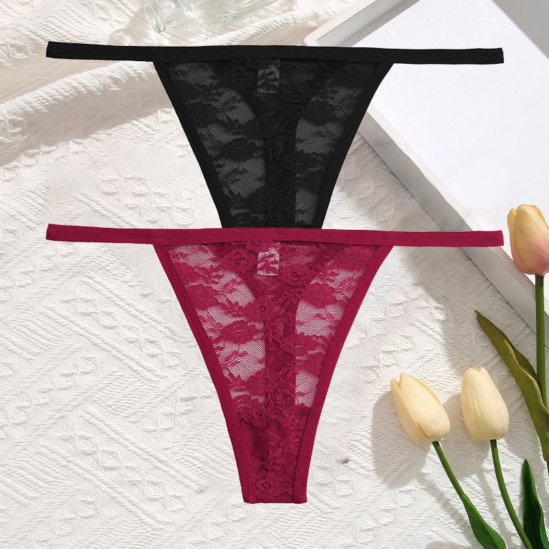 2 Pack Set Women's Lace Panties Low Waist G-String Underwear Solid Hollow Out Transparent Thong Soft Breathable Lingerie The Clothing Company Sydney