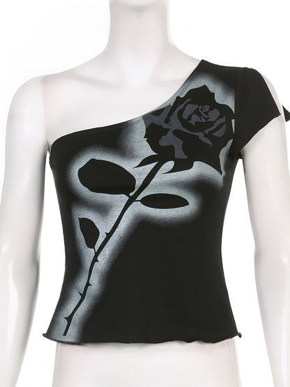 Asymmetrical Dark Academia Rose Printed Summer One Shoulder Grunge Gothic Clothes Tank Cropped Vintage Top The Clothing Company Sydney