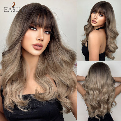 Ombre Gray Ash Wavy Wigs with Bang Light Blonde Platinum Synthetic Long Hair for Women Daily Party Heat Resistant Fiber Wigs The Clothing Company Sydney