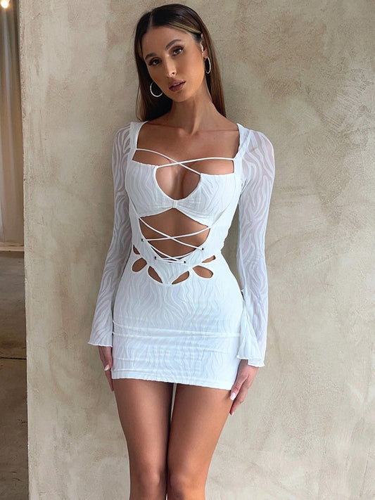 Textured Lace Up Bandage Mini Dress Outfit for Women Long Sleeve Bodycon Dresses Streetwear Spring Clothes The Clothing Company Sydney