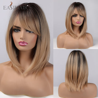 Short Straight Bob Wigs with Bang Golden Brown Natural Synthetic Hair for Women Daily Cosplay Heat Resistant Fiber Wigs The Clothing Company Sydney