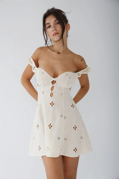 Square Neck Black White Mini Summer High Waist Short Sleeve Beachwear Bodycon Hollow Out Sundress Dress The Clothing Company Sydney