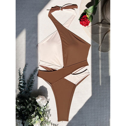 Cut Out Swimsuit One Piece Colorblock Swimwear Wrap Halter Monokini High Cut Bathing Suit Bodysuit Beachwear The Clothing Company Sydney