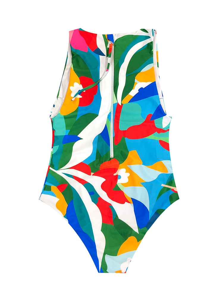 High cut swimsuit One piece swimwear vintage print bikini zipper Monokini bathing suits push up beachwear The Clothing Company Sydney
