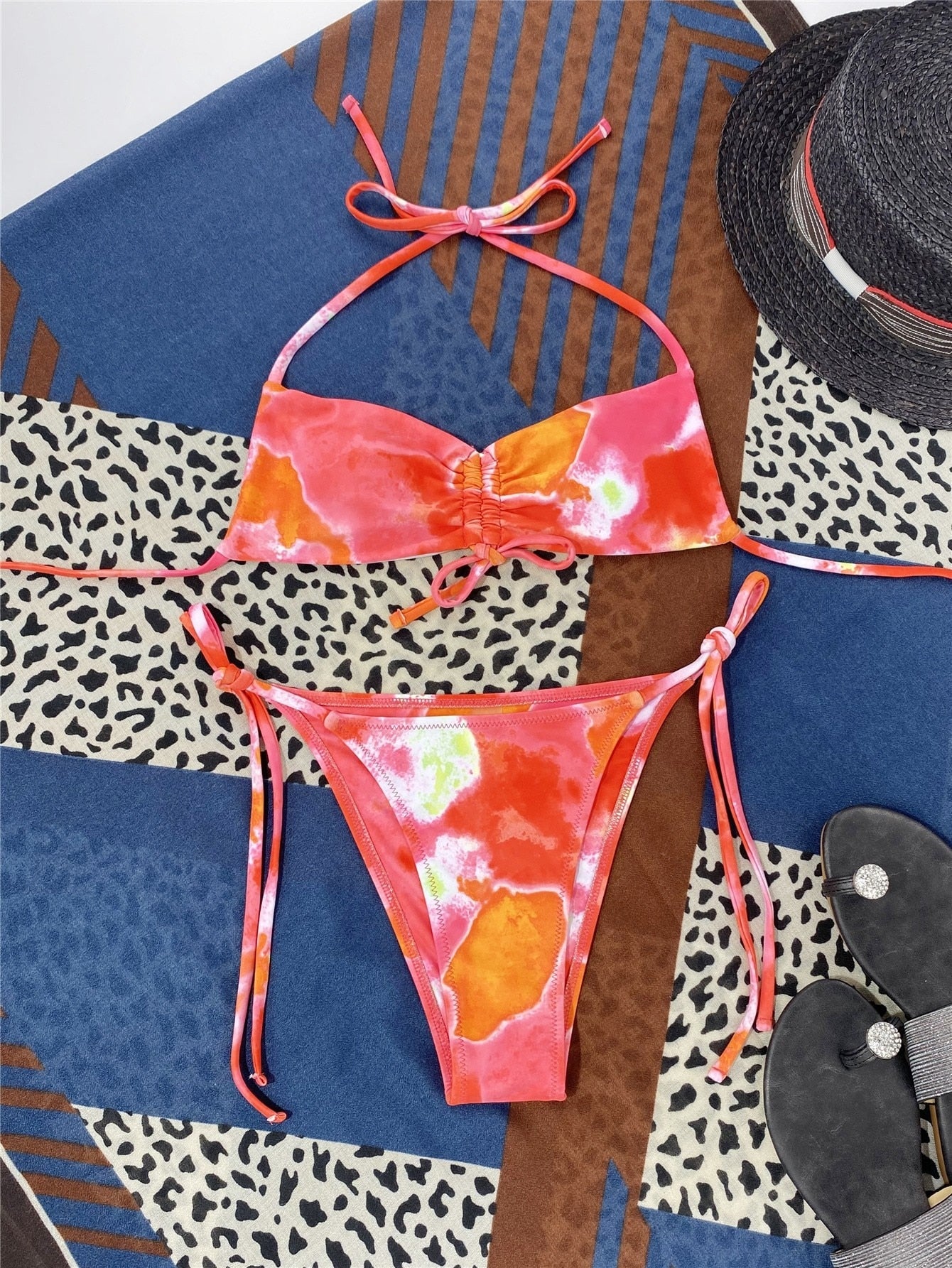Tie Dye Drawstring Front Thong Bikini Swimsuit Two Piece Swimwear Bikini Set Summer Beach Bathing Suit The Clothing Company Sydney