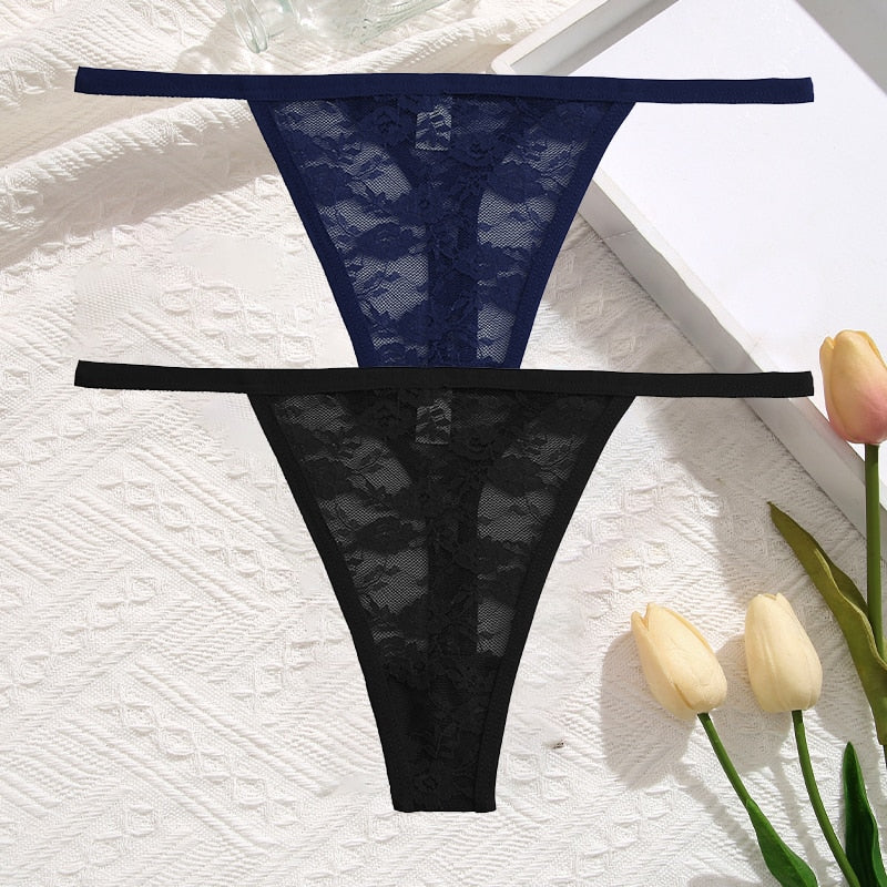 2 Pack Set Women's Lace Panties Low Waist G-String Underwear Solid Hollow Out Transparent Thong Soft Breathable Lingerie The Clothing Company Sydney