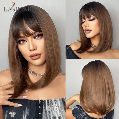 Short Straight Bob Wigs with Bang Golden Brown Natural Synthetic Hair for Women Daily Cosplay Heat Resistant Fiber Wigs The Clothing Company Sydney