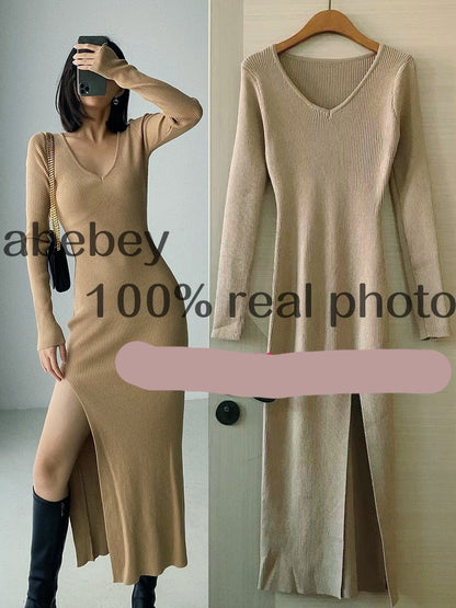Long Sleeve slit sweater dress slim tight fitting hip knit over the knee dresses The Clothing Company Sydney